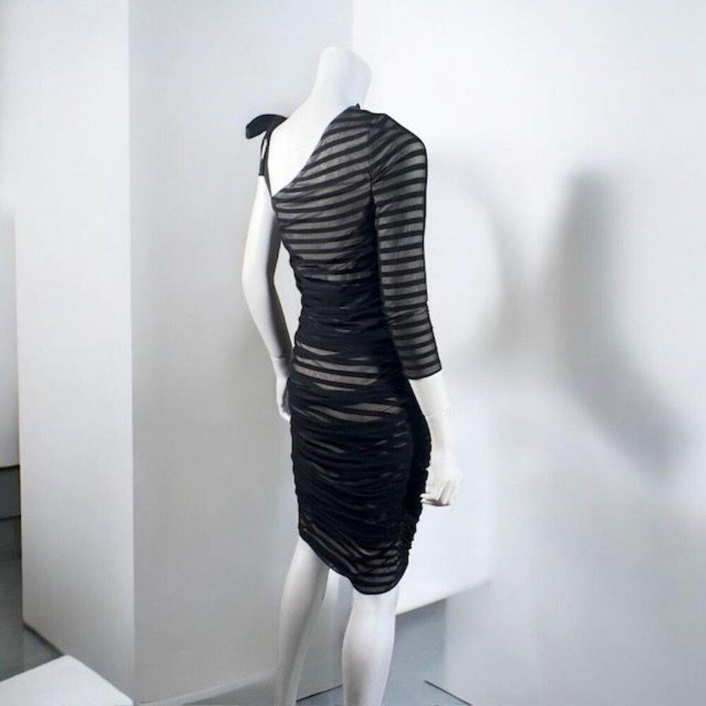 BCBGMaxAzria One Shoulder Striped Mesh Overlay Pencil Dress Black, size Medium - Picture 11 of 16